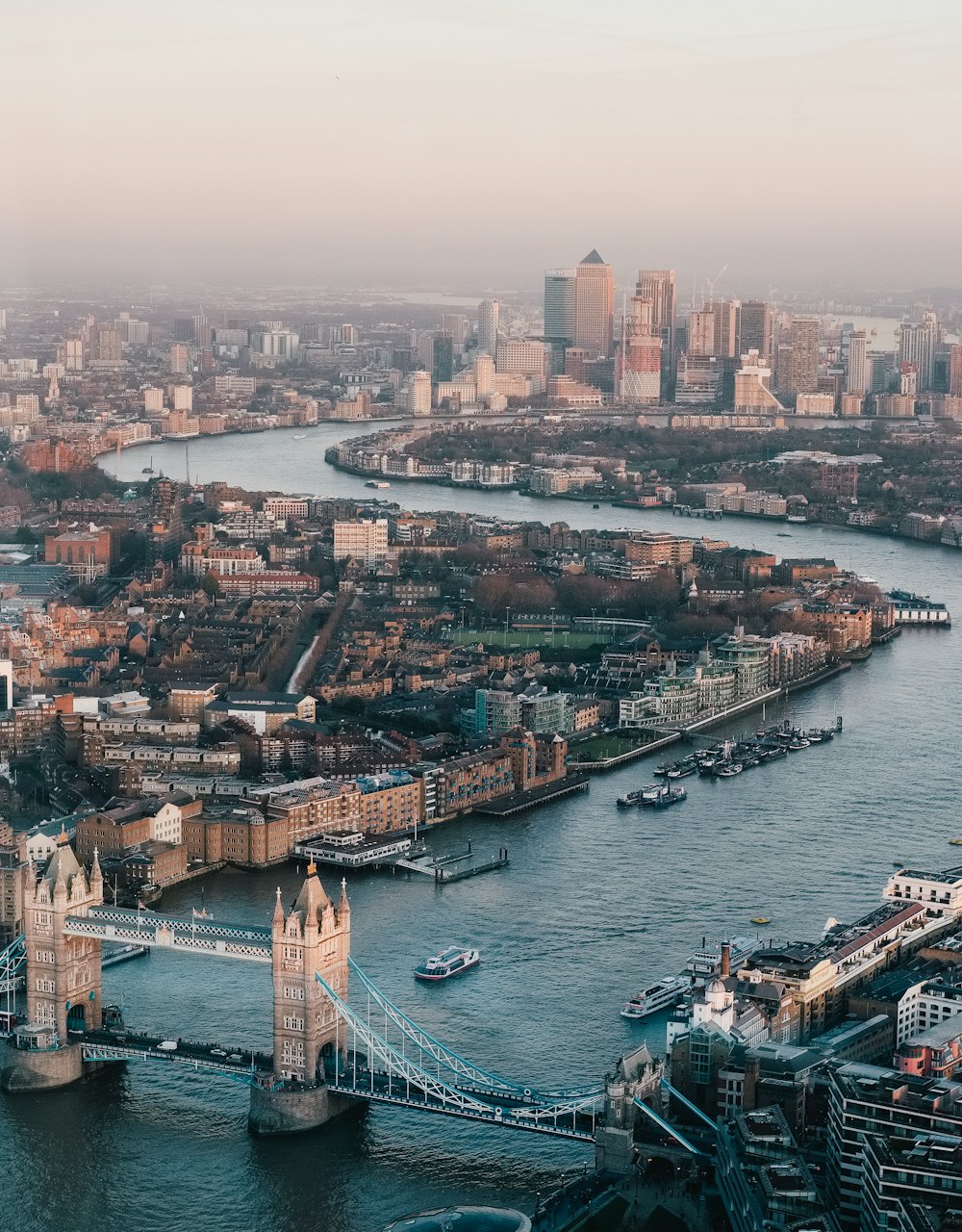 The Thames winding through the City of London toward Canary Wharf